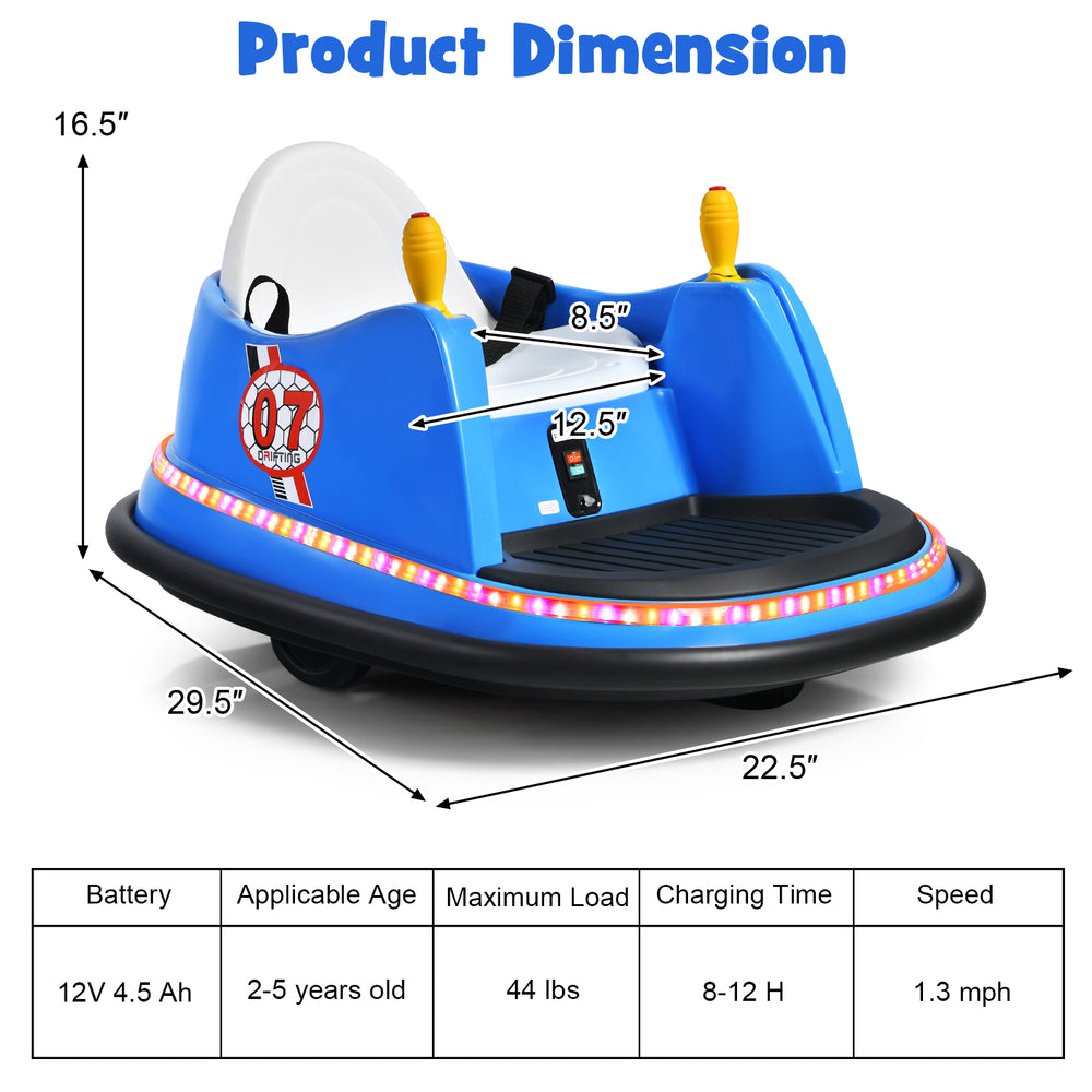 Blue 12V electric kids ride-on bumper car with adjustable safety belt, flashing lights, and dual joysticks for toddlers.