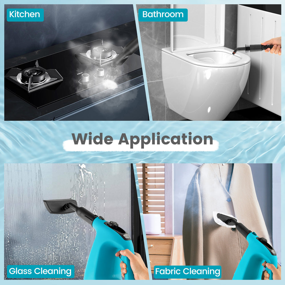 1400W handheld steam cleaner in blue with 14-piece accessory kit, ideal for deep cleaning kitchen and bathroom surfaces.