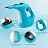Handheld steam cleaner in blue with ergonomic handle, 13.5 oz water tank, and heating indicator for versatile cleaning.