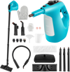 1400W handheld steam cleaner in blue with 14-piece accessory kit, ergonomic handle, and safety lock for versatile.