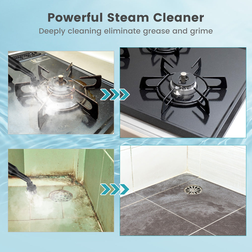 1400W handheld steam cleaner with accessories, effectively removing grease and grime from kitchen and bathroom surfaces.