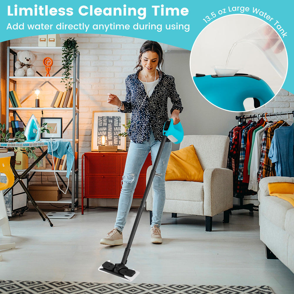 Handheld steam cleaner in use, featuring a 13.5 oz water tank, ergonomic handle, and 14-piece accessory kit for.