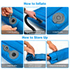 Inflatable waterproof camping sleeping pad in blue, demonstrating inflation and storage steps for easy use.