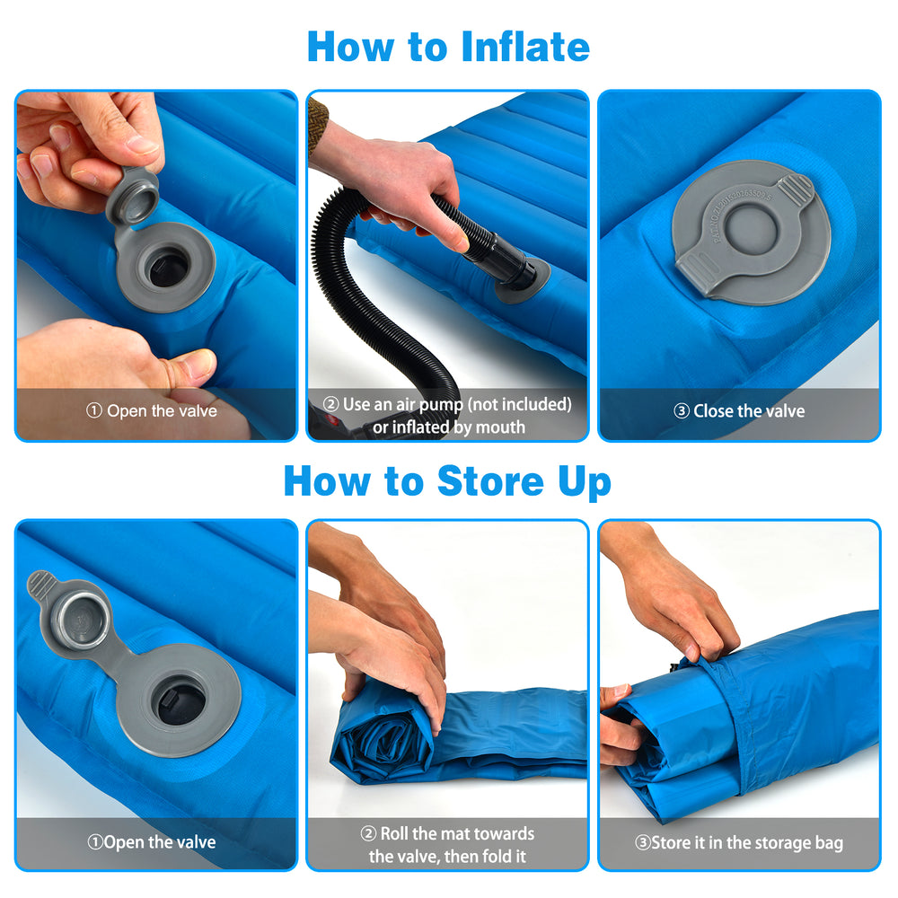 Inflatable waterproof camping sleeping pad in blue, demonstrating inflation and storage steps for easy use.