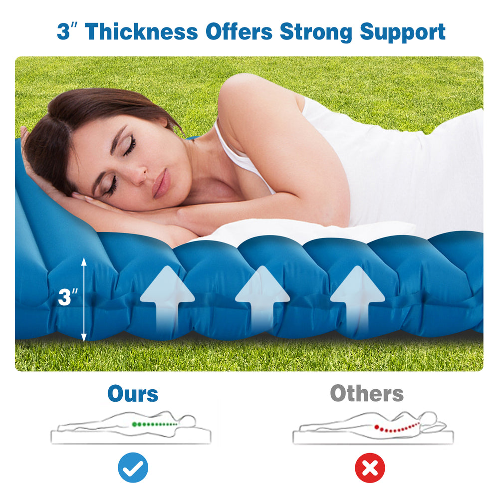 3-inch thick blue inflatable camping sleeping pad, showcasing strong support and waterproof durability for outdoor.