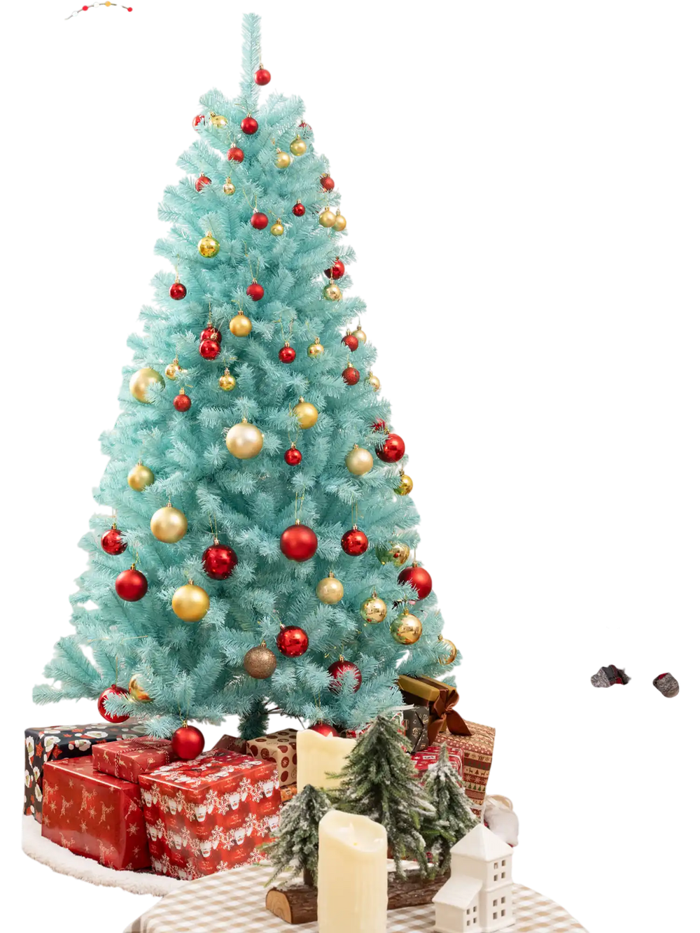 6 FT blue artificial Christmas tree with warm white LED lights, featuring a foldable metal stand, perfect for holiday.