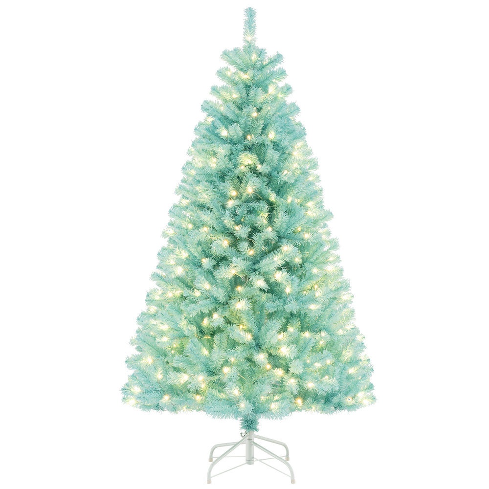 6 FT blue artificial Christmas tree with warm white LED lights, featuring a foldable metal stand for easy setup.