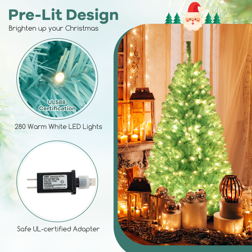 6 FT blue artificial Christmas tree with 280 warm white LED lights, featuring a foldable metal stand for easy setup.