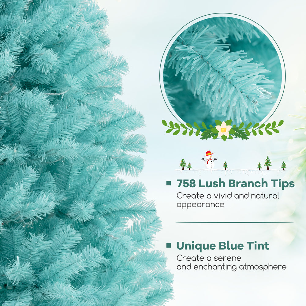 Close-up of the 6 FT blue artificial Christmas tree showcasing 758 branch tips and a serene blue tint for festive decor.