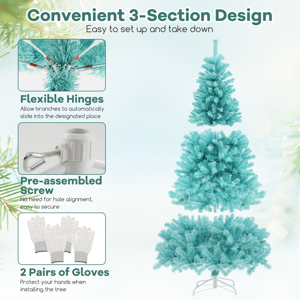 6 FT blue artificial Christmas tree with 280 warm white LED lights, featuring a 3-section design for easy setup.