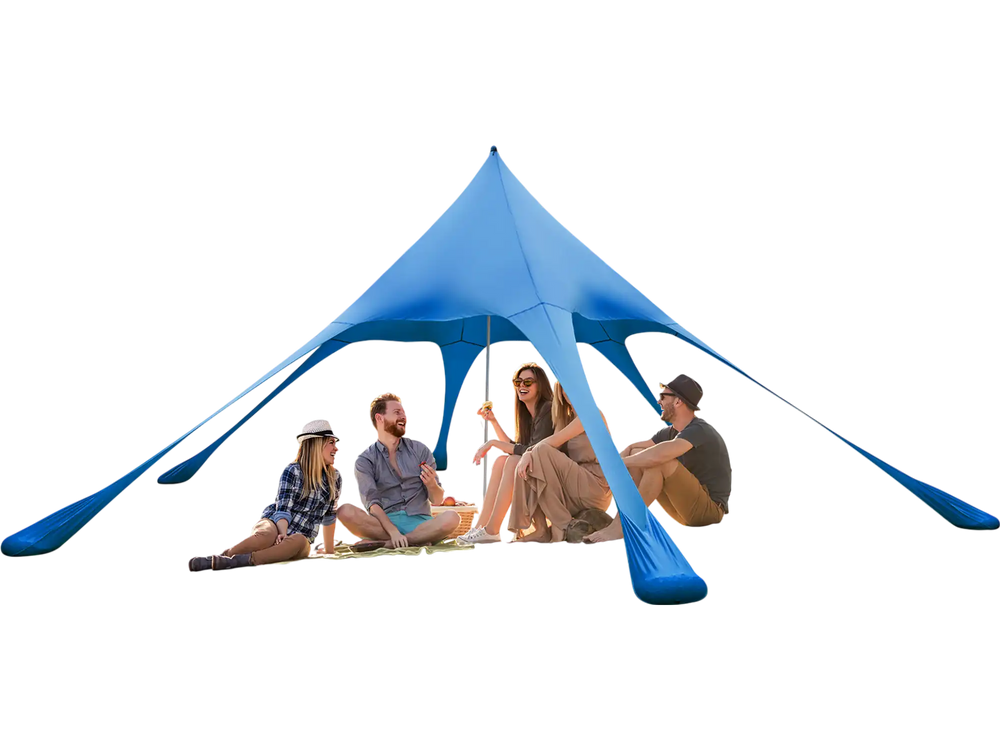 Blue 20 x 20 feet beach canopy tent with UPF50+ sun protection, set up on the sand for a relaxing outdoor gathering.