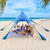 Blue 20 x 20 feet beach canopy tent with UPF50+ sun protection, set up for a family picnic on the sand.