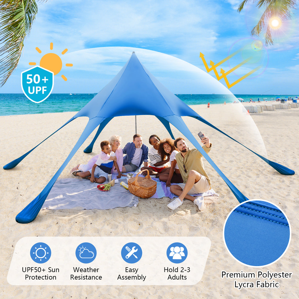 Blue 20 x 20 feet beach canopy tent with UPF50+ sun protection, suitable for 2-3 adults, featuring durable Lycra fabric.
