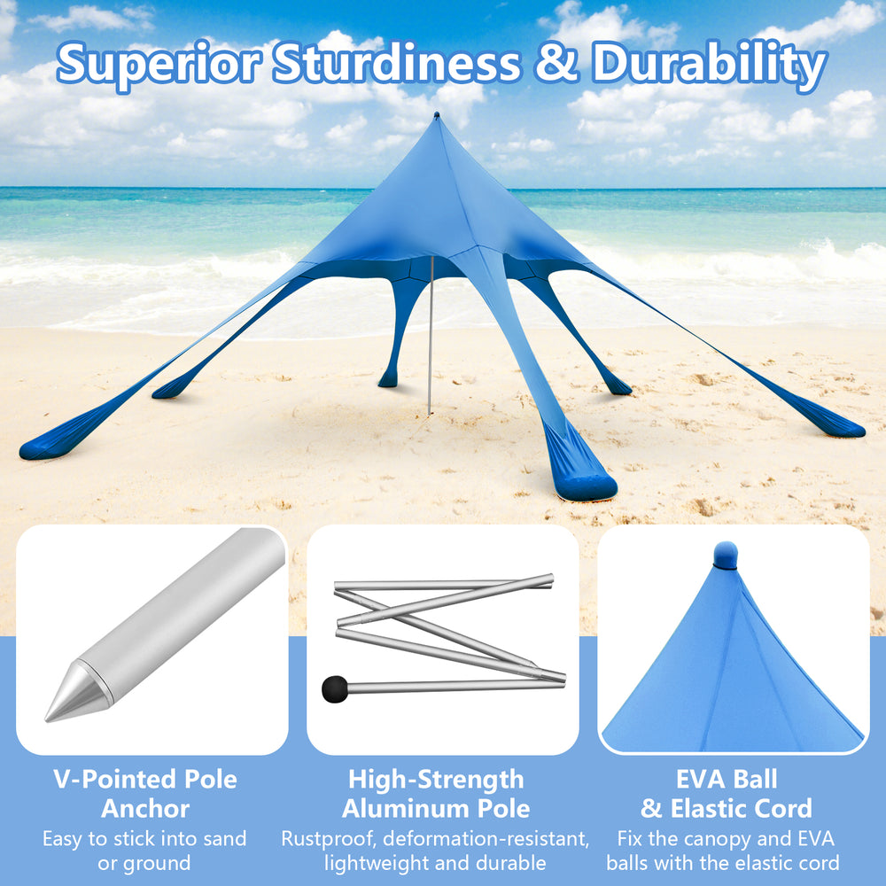 Blue 20 x 20 feet beach canopy tent with UPF50+ sun protection, featuring durable aluminum poles and sandbags for.