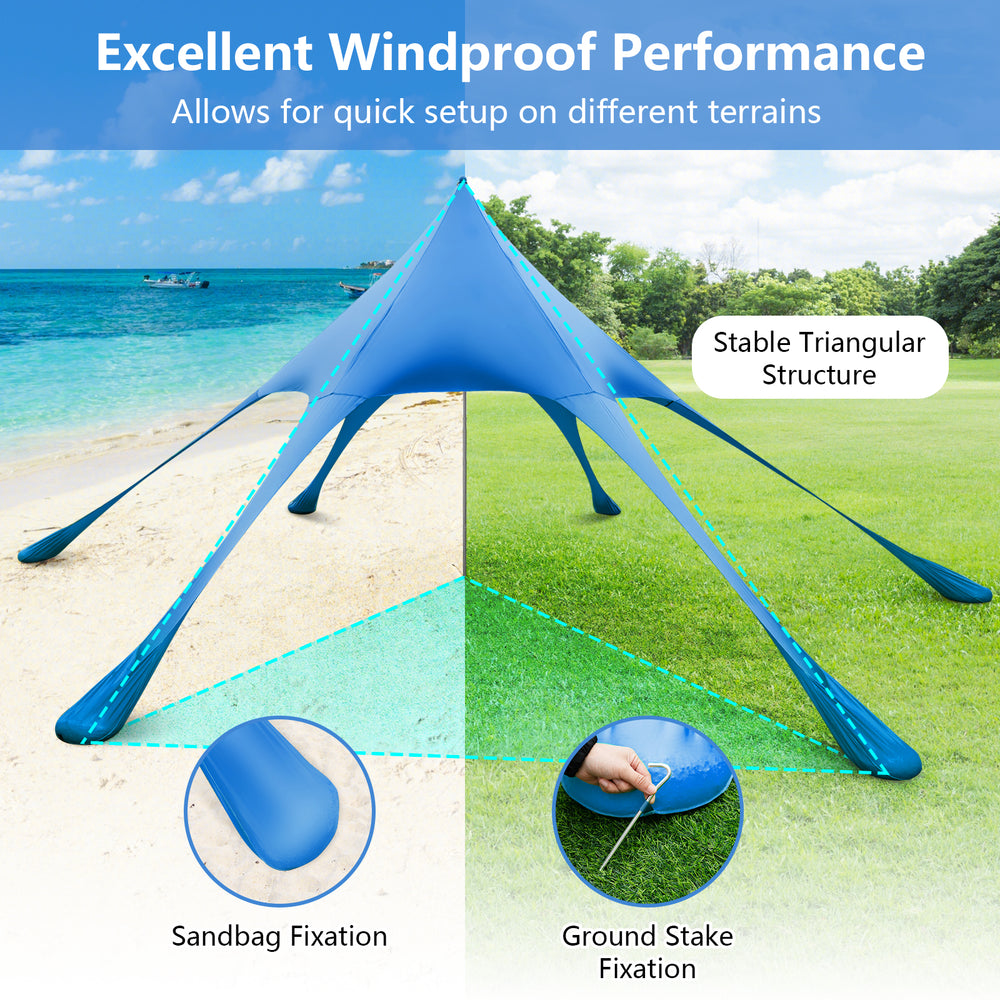 Blue 20 x 20 feet beach canopy tent with UPF50+ sun protection, featuring a stable triangular structure and sandbag.