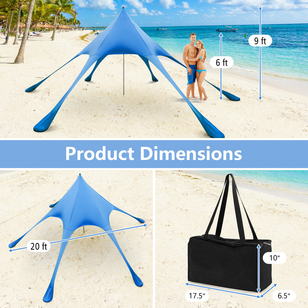 Blue 20 x 20 feet beach canopy tent with UPF50+ sun protection, shown with dimensions and portable carrying bag.