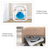 Adjustable height baby walker in blue with removable toy, foldable design for easy storage under furniture.