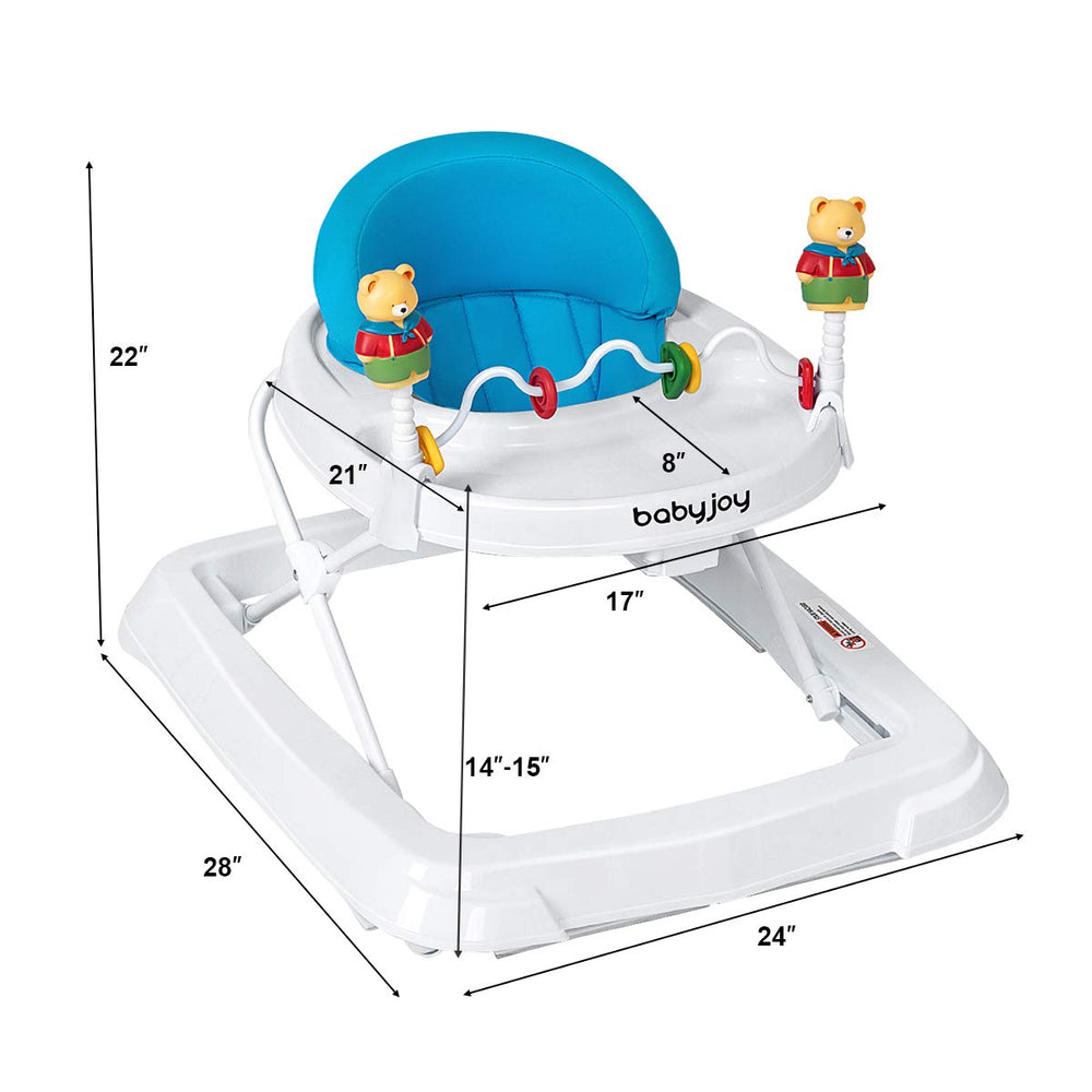 Adjustable height baby walker in blue with removable toy, foldable design, and extra wide base for stability.