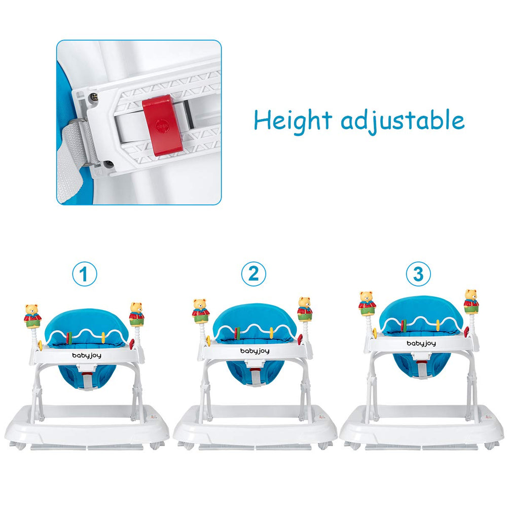 Adjustable height baby walker in blue with removable toy, foldable design, and washable seat pad for easy cleaning.