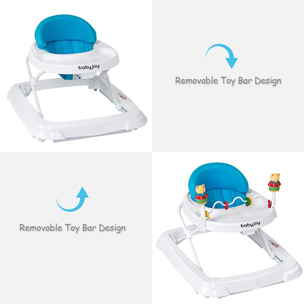 Adjustable height baby walker in blue with removable toy bar, designed for fun and stability while learning to walk.
