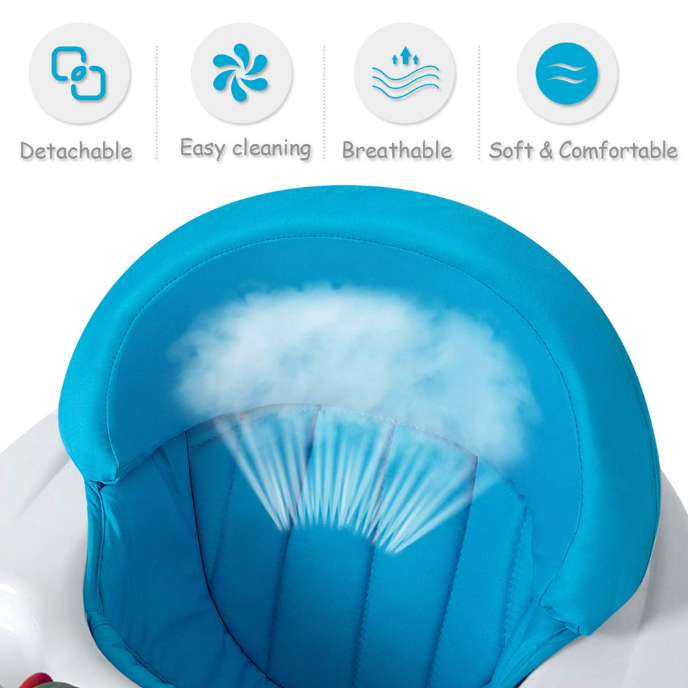 Close-up of the blue removable seat pad for the adjustable height baby walker, featuring breathable and soft fabric.