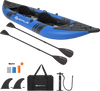 Inflatable 2-person kayak set in blue with aluminium oars, detachable fins, and adjustable seats for comfortable.