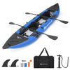 Inflatable 2-person kayak set in blue with adjustable seats, aluminium oars, and detachable fins for smooth rowing.