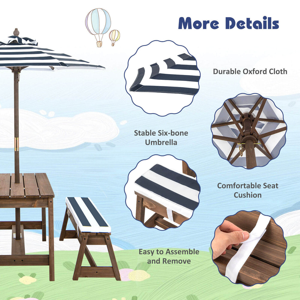 Kids picnic table and bench set with blue cushions and adjustable umbrella, ideal for outdoor play and relaxation.