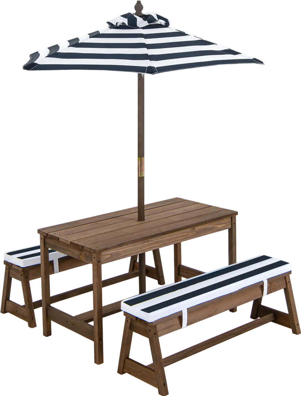 Kids picnic table and bench set in blue with cushioned seats and adjustable umbrella for outdoor fun and relaxation.