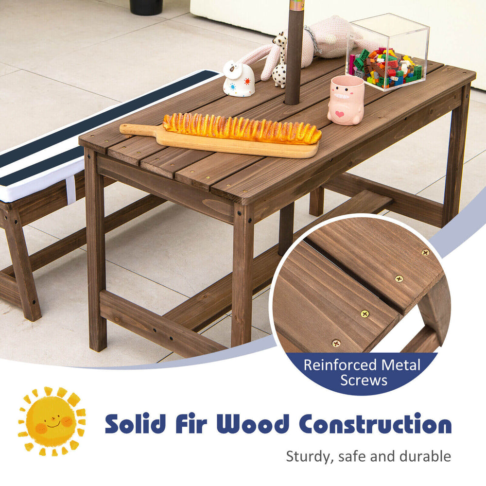 Kids picnic table and bench set in fir wood with cushions and adjustable umbrella, ideal for outdoor play and.