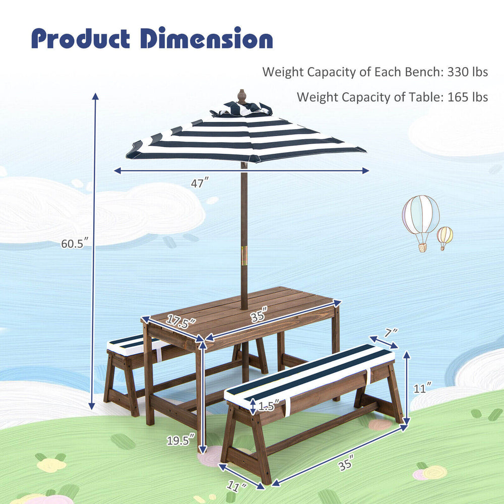 Kids picnic table and bench set with blue cushions and height adjustable umbrella, ideal for outdoor play and.