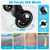 Close-up of all-terrain EVA wheels on a lightweight baby stroller, featuring a shock-absorbing spring design for smooth.