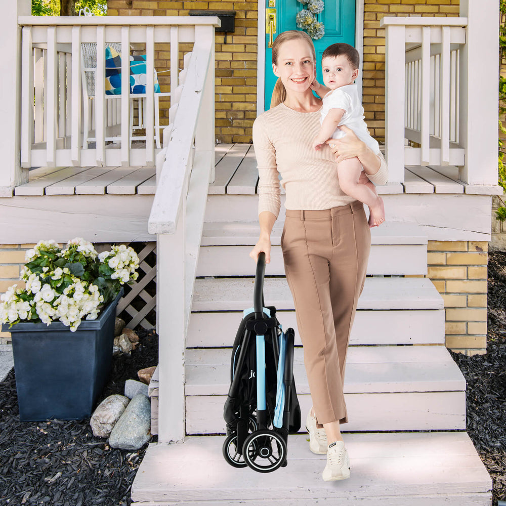 Lightweight blue baby stroller with aluminum frame, one-hand folding design, ideal for parents on the go.