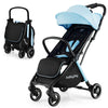 Portable baby stroller in blue with breathable skylight, adjustable footrest, and large storage basket for essentials.