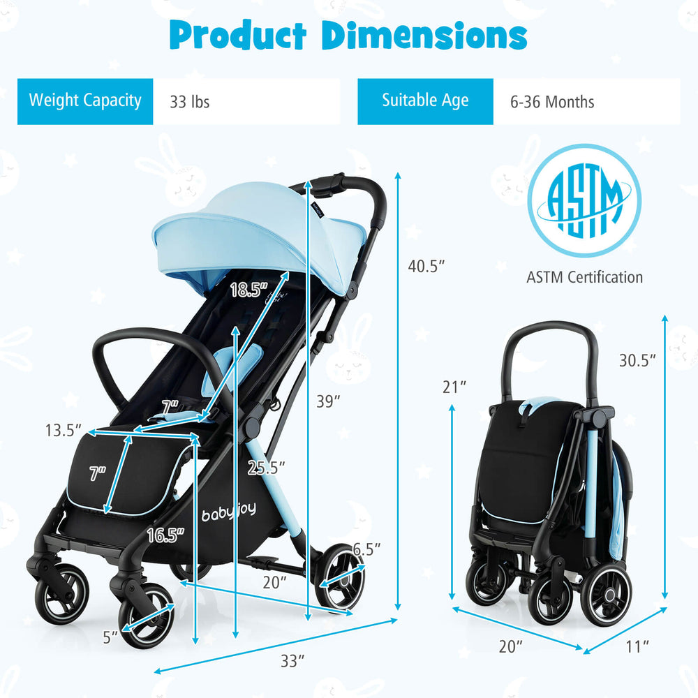 Dimensions of the One-Hand Folding Portable Lightweight Baby Stroller in blue, showcasing its compact design and safety.
