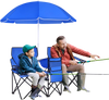 Portable folding picnic double chair with blue umbrella, featuring side pockets and cup holders, ideal for outdoor use.