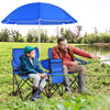 Portable folding picnic double chair with blue umbrella, featuring side pockets and cup holders, ideal for outdoor use.