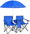 Portable folding picnic double chair set with blue fabric and umbrella, ideal for outdoor use and easy transport.