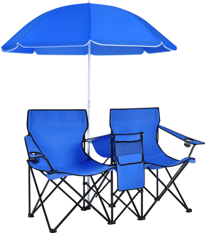 Costway Portable Folding Picnic Double Chair w/ Removable Umbrella 24870591 New
