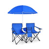 Portable folding picnic double chair set with blue fabric and umbrella, ideal for outdoor use and easy transport.
