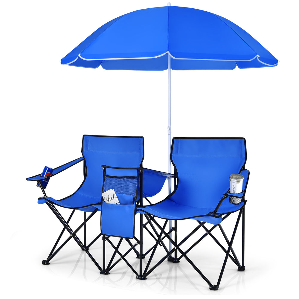 Portable folding picnic double chair set in blue with umbrella, featuring cup holders and side pockets for outdoor use.