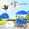 Portable folding picnic double chair set with blue umbrella, featuring cup holders and side pockets for outdoor.