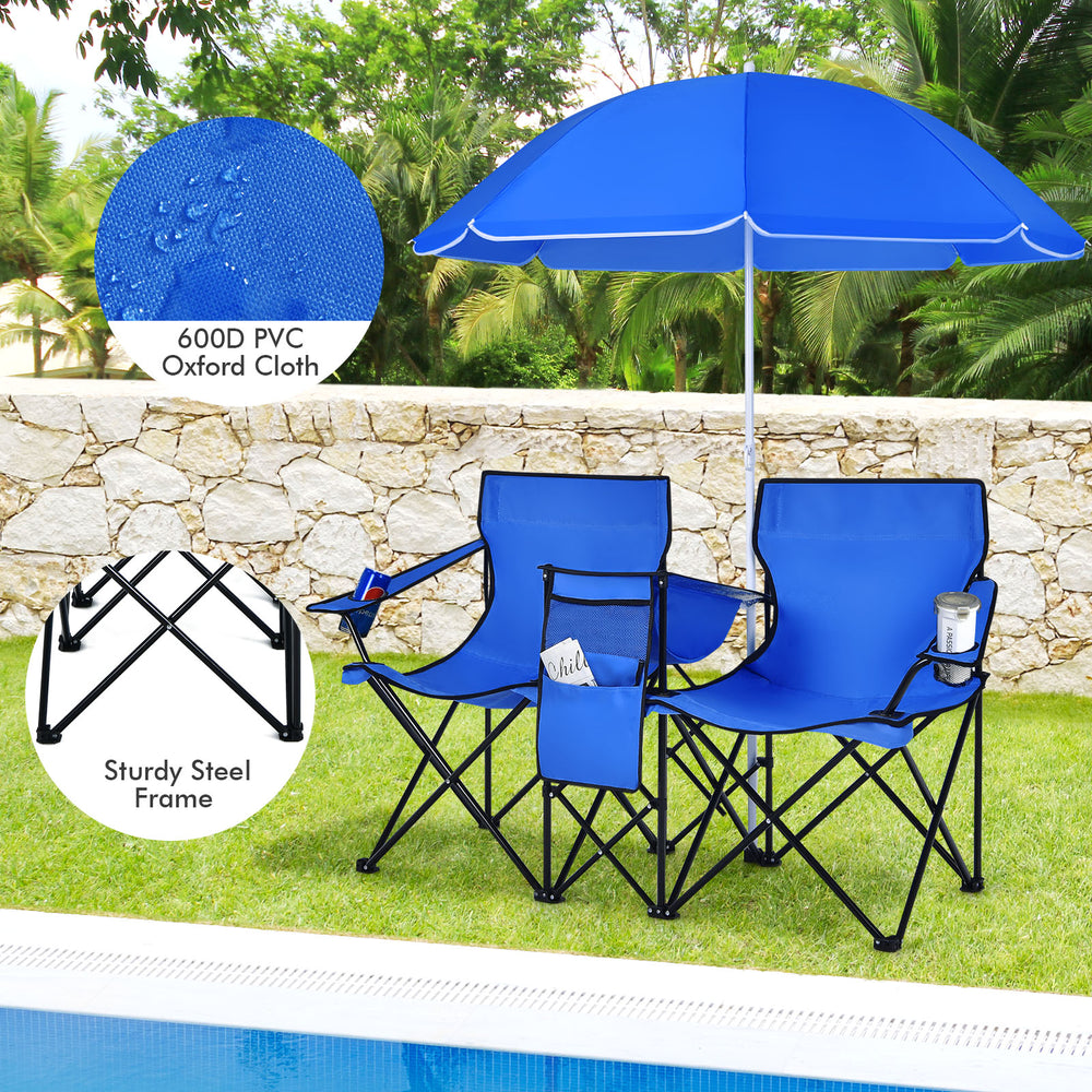 Portable folding picnic double chair set with blue 600D PVC Oxford cloth and umbrella, ideal for outdoor relaxation.
