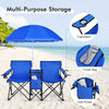 Portable folding picnic double chair set in blue with umbrella, cup holders, and storage pockets for outdoor use.