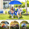 Portable folding picnic double chair with blue umbrella, featuring cup holders and side pockets for outdoor enjoyment.