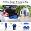 Portable folding picnic double chair set in blue with umbrella, featuring side pockets and a carry bag for easy.