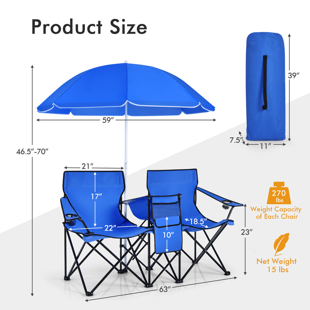 Portable blue folding picnic double chair with umbrella, featuring side pockets and cup holders, ideal for outdoor use.