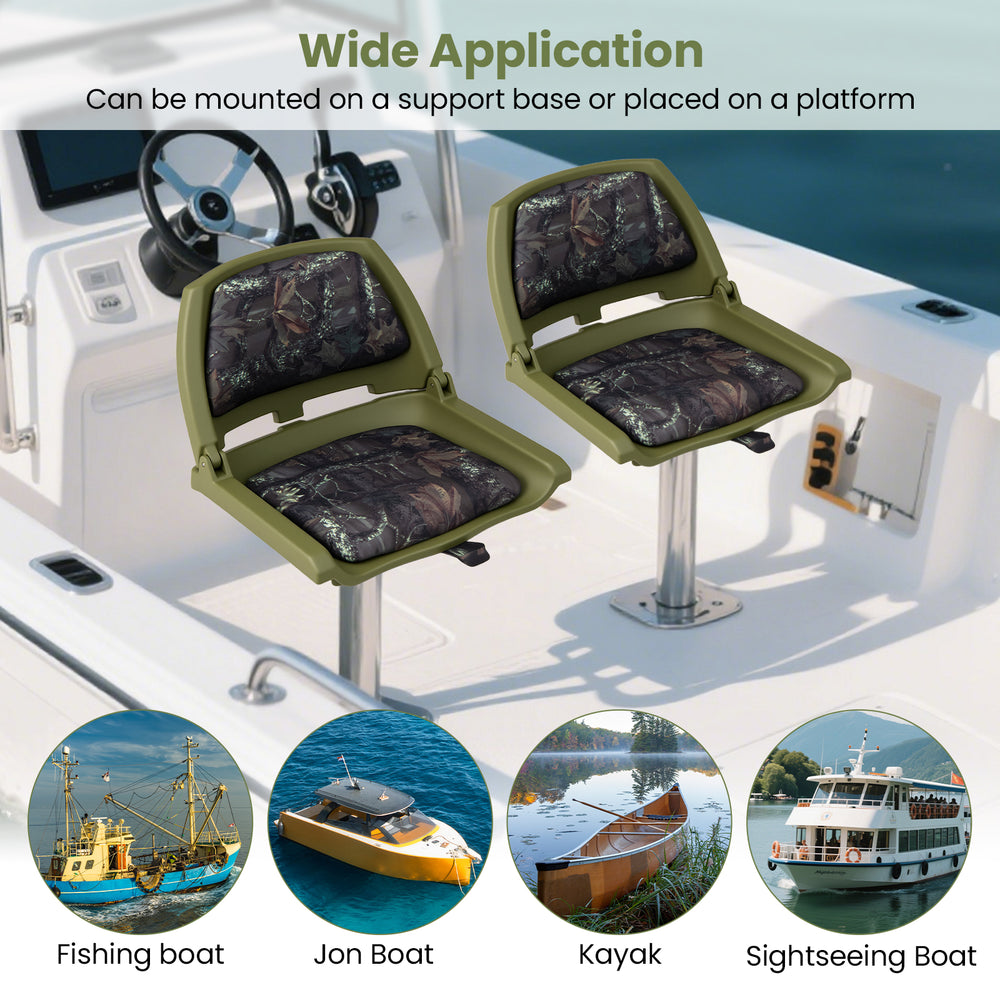 Folding low back boat chair in green with marine-grade PVC, ideal for fishing boats, kayaks, and sightseeing boats.