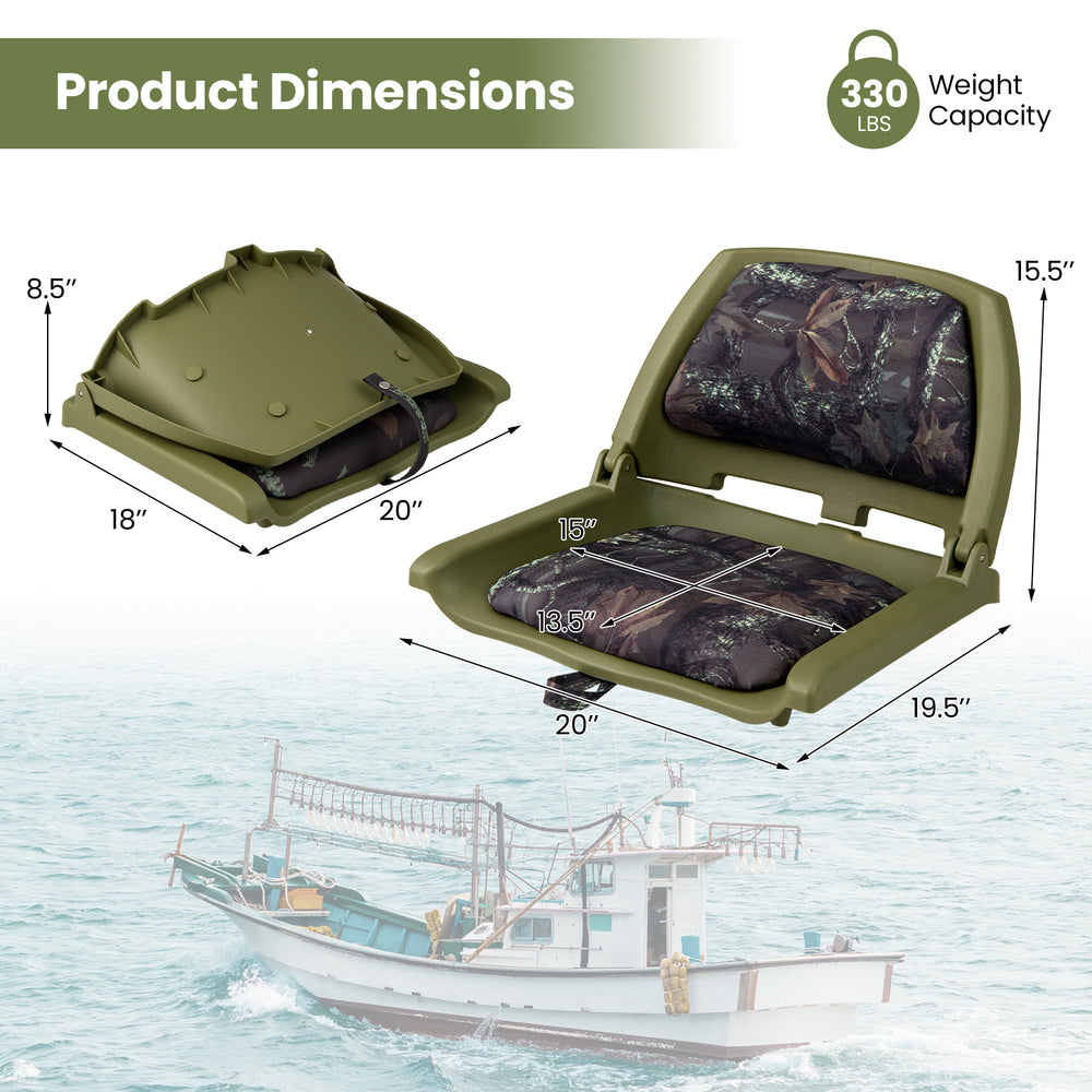 Folding low back boat chair in green with marine-grade PVC, featuring ergonomic design and 330 lbs weight capacity.