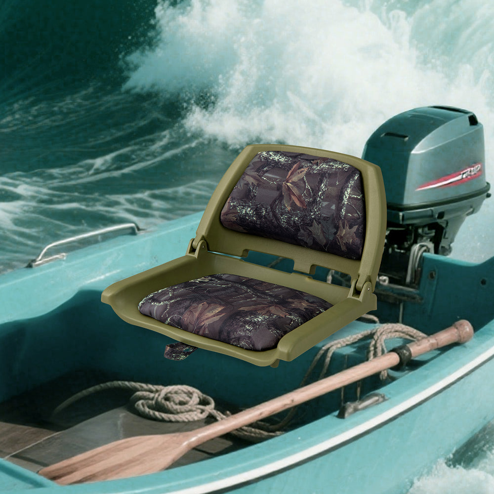 Folding low back boat chair in green with camo cushions, made of marine-grade PVC for waterproof and weatherproof use.